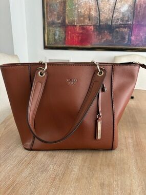 GUESS Brown Saffiano Leather Tote with Gold Accents